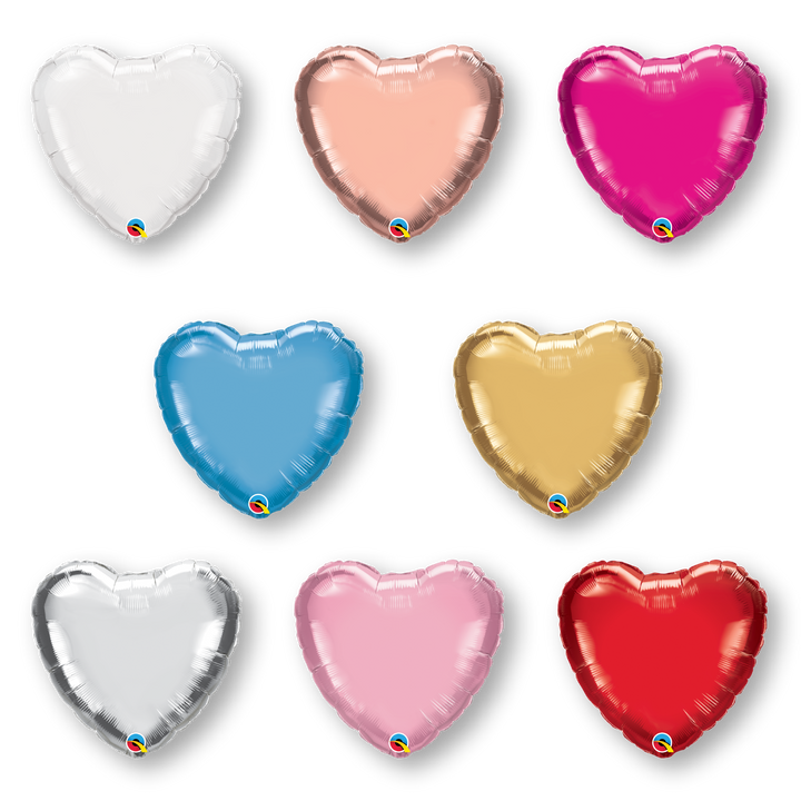 Assortment of white, gold, blue, punk, red and silver mylar foil heart balloons