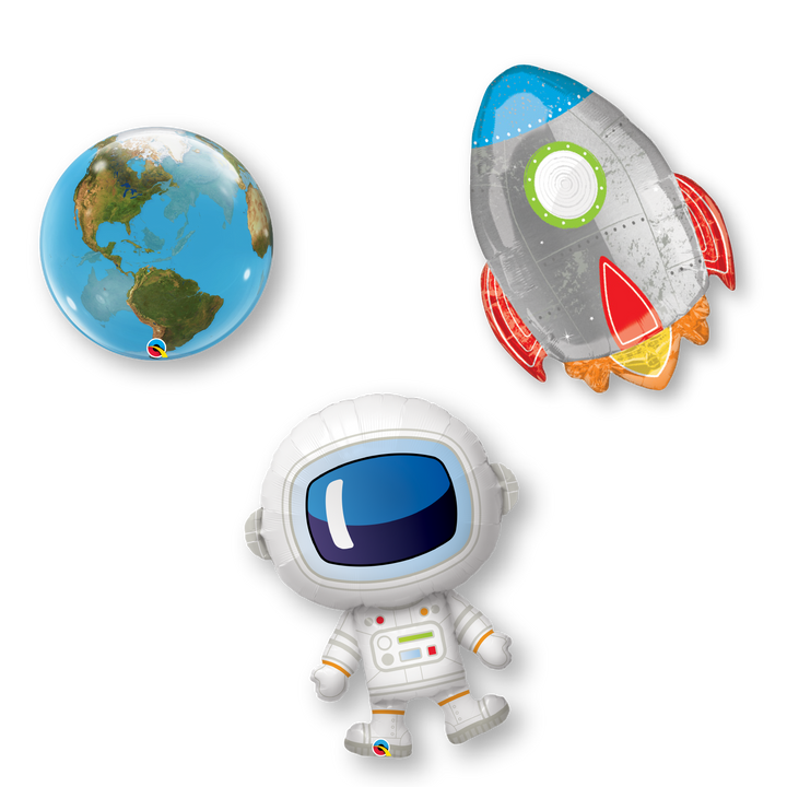 Assortment of 3 mylar, space themed balloons including an earth globe, a rocket ship and a spaceman