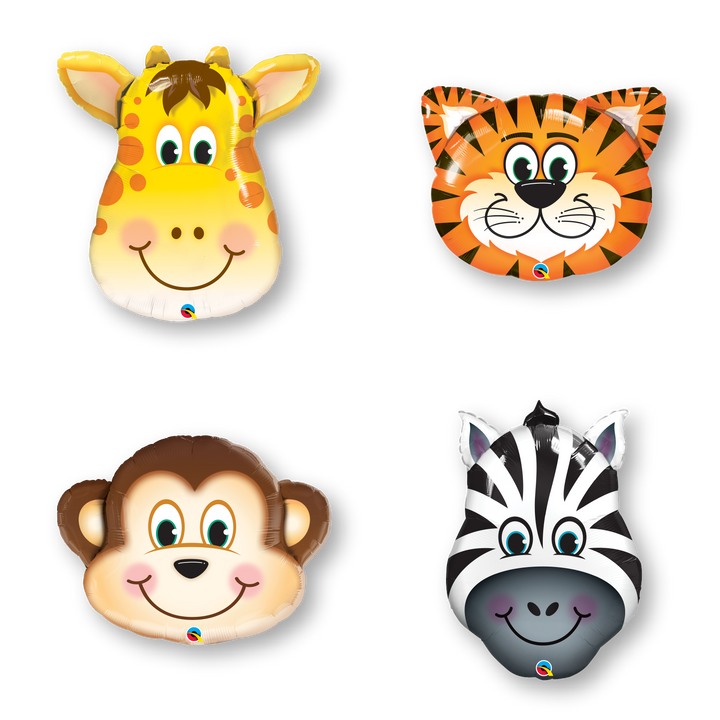 Assortment of safari themed animal face mylar balloons, including a monkey, zebra, tiger and giraffe.