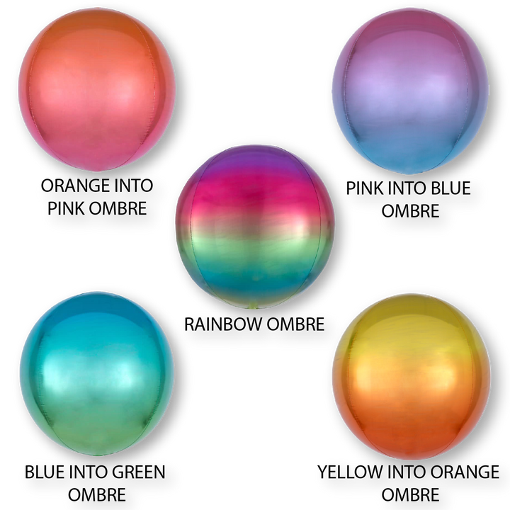Five round ombre balloon orbz, each with a distinctive bright color
