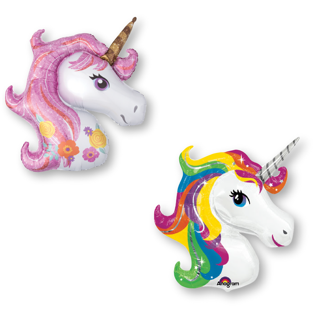 Two unicorn balloons, each with multi-colored manes