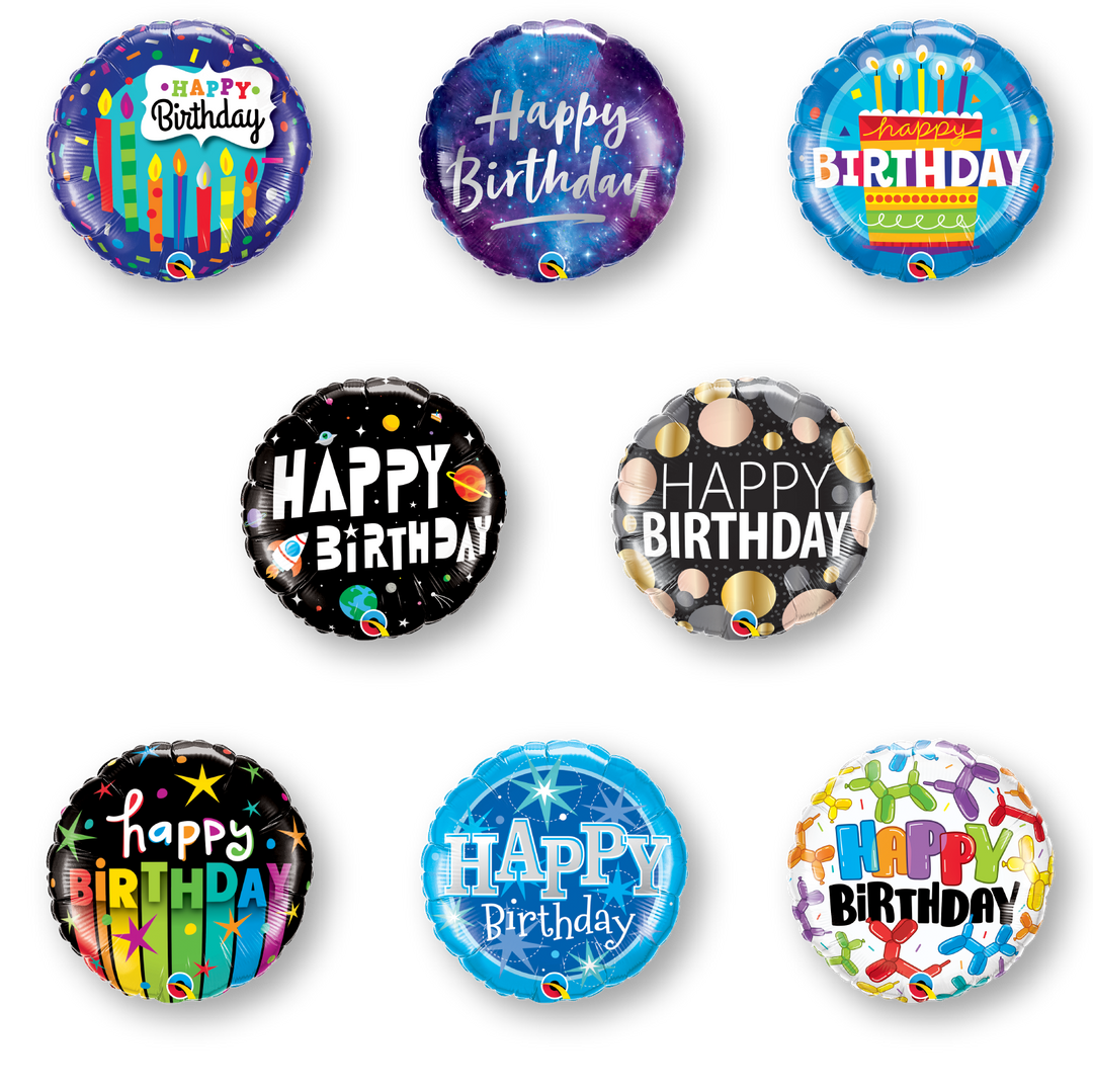 First assortment of 8 happy birthday round mylar balloons