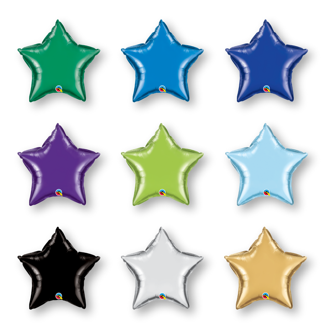 Sampling of multi-colored green, purple, teal, blue, gold, black and white mylar star balloons