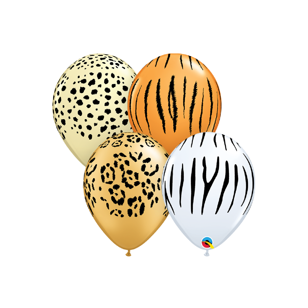Assortment of safari themed latex balloons, including zebra, tiger and cheetah patterns.