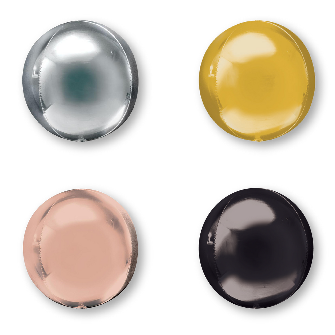 Assortment of four round orbz balloons including black, gold, rose gold and silver