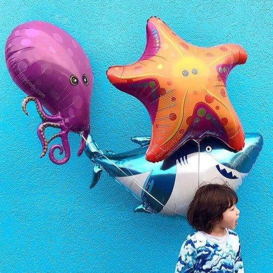 Example mylar balloon arrangement with an octopus, star fish, and shark